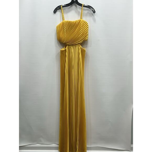NWT Alice + Olivia Powell Yellow Pleated Wide Leg Side Cut Out Jumpsuit Size 6 - Picture 5 of 15
